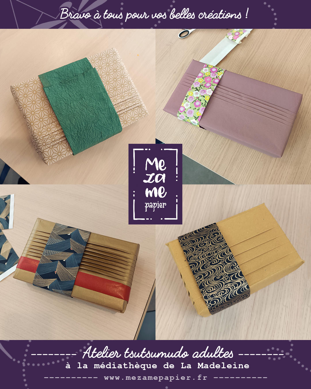 Collage en grille 2x2 d'emballages cadeaux réalisés par les participants de l'atelier du 21 octobre 2025 : paquets rectangulaires couverts de papier kraft premium uni de couleur neutre et ceinture de papier japonais artisanal coloré